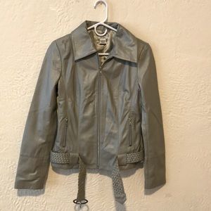 Light gray leather jacket with fox collar